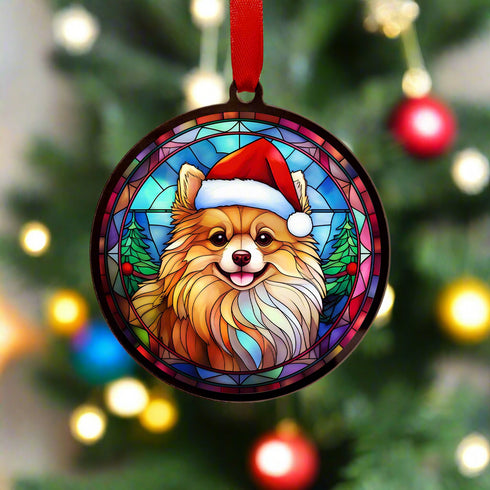 Pomeranian in Santa Hat Suncatcher Decoration